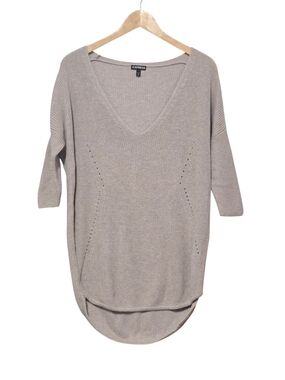 Express Oversized Taupe V-Neck Knit Dropped Shoulder Sweater Size Small